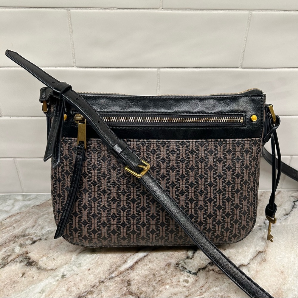 Fossil Farrah Crossbody Brown Black  Purse With Gold Key & Zipper Tassel - Picture 9 of 13